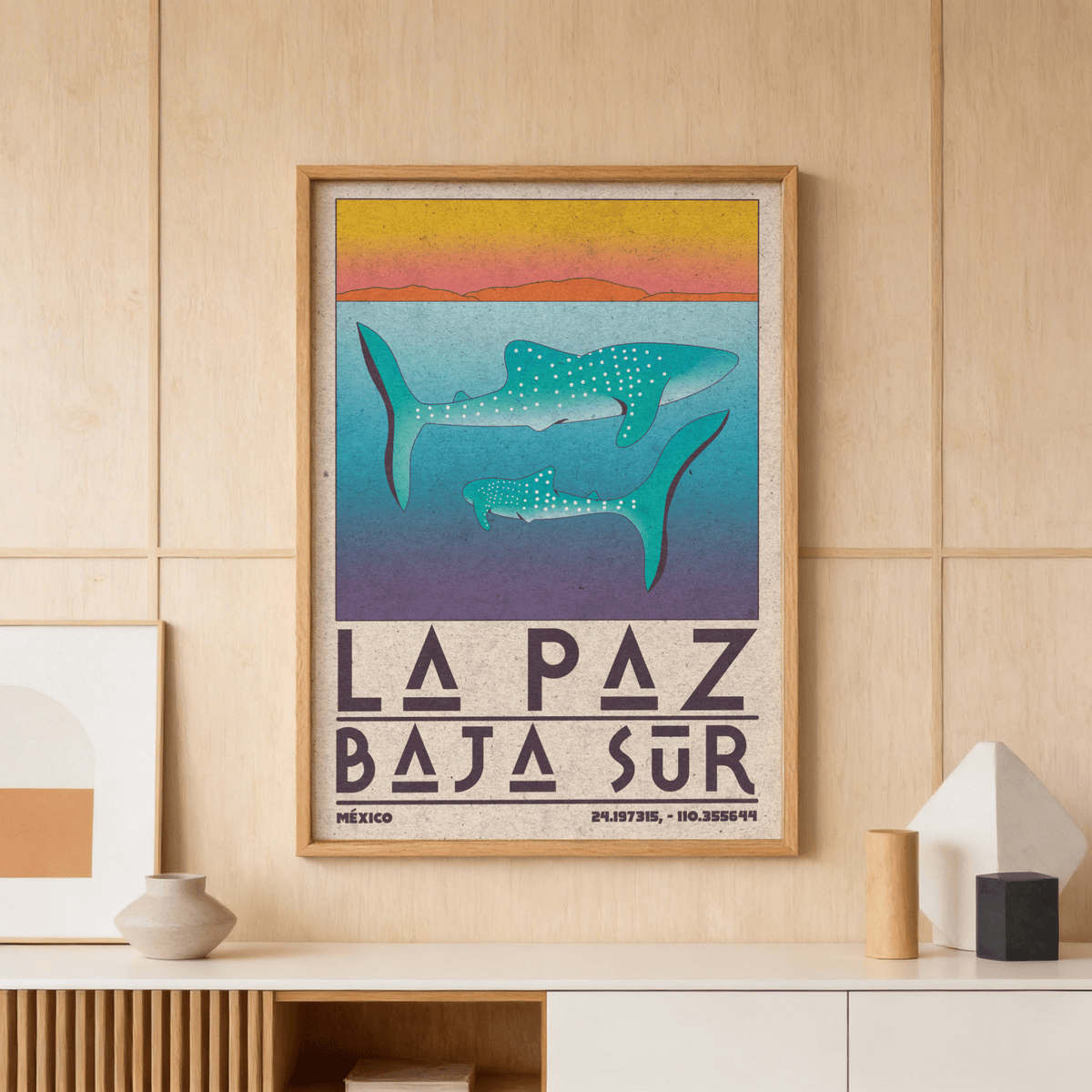 Graphic whale shark illustration over layered blue and coral sea bands