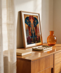 Featuring Colorful Indian Art Print wall art with front-facing elephant, detailed trunk motifs, and layered temple buildings