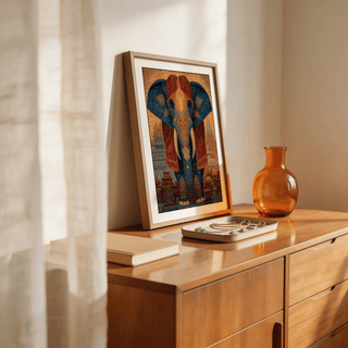 Featuring Colorful Indian Art Print wall art with front-facing elephant, detailed trunk motifs, and layered temple buildings