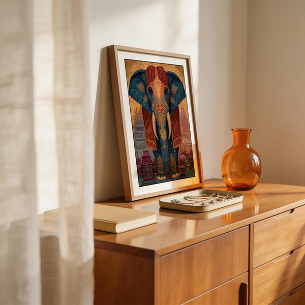 Featuring Colorful Indian Art Print wall art with front-facing elephant, detailed trunk motifs, and layered temple buildings
