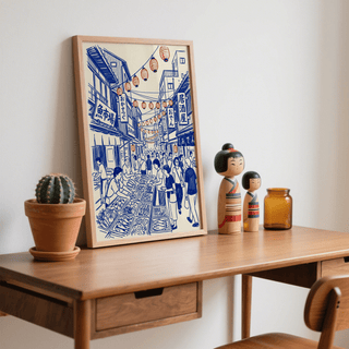 Japanese Street Market Art art print, Blue buildings, Red lanterns, White background for study