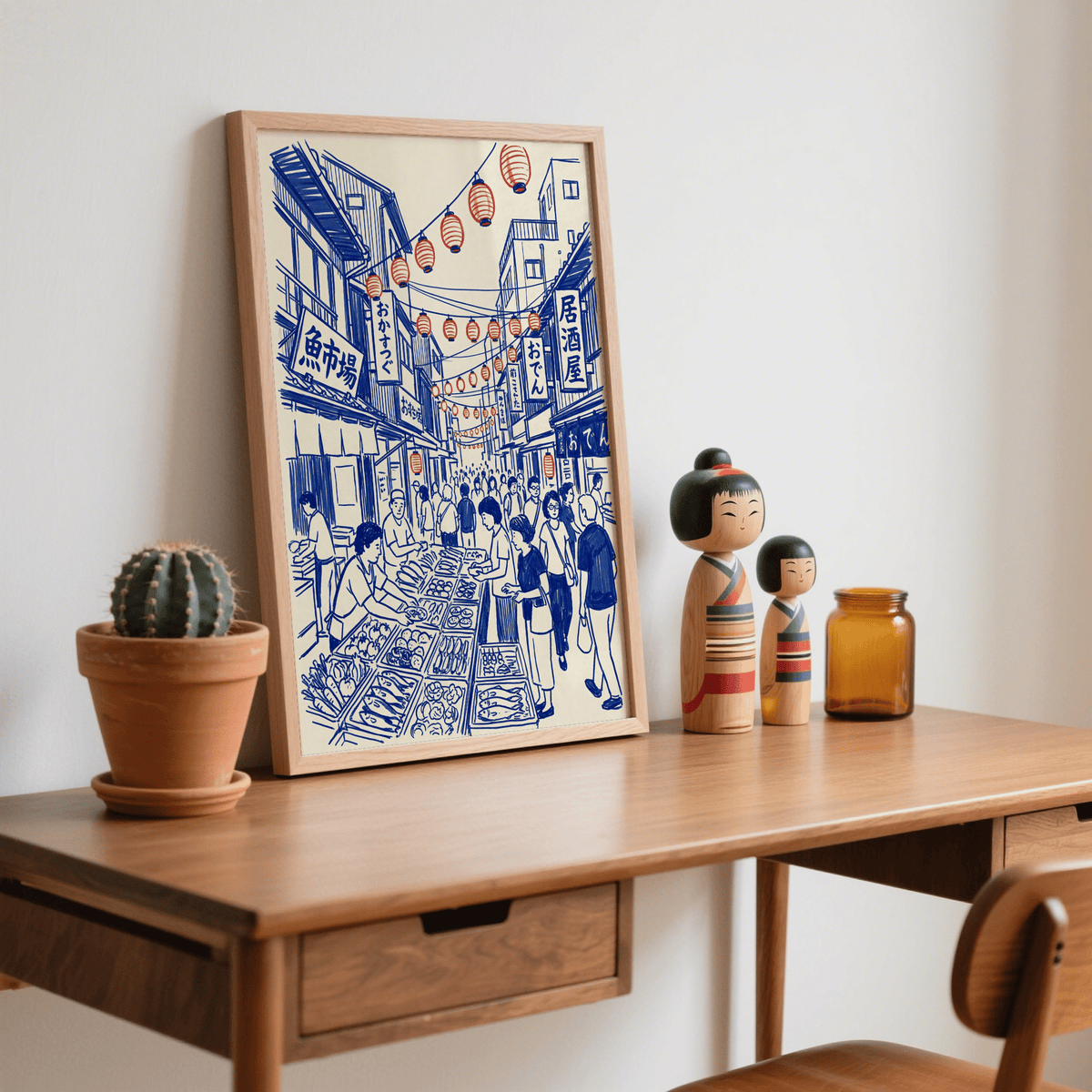 Japanese Street Market Art art print, Blue buildings, Red lanterns, White background for study