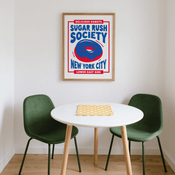 Donut Wall Art poster for kitchen in red and blue colors