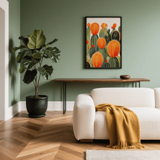 Large Cactus Wall Art poster in green and orange, great for dining room art print