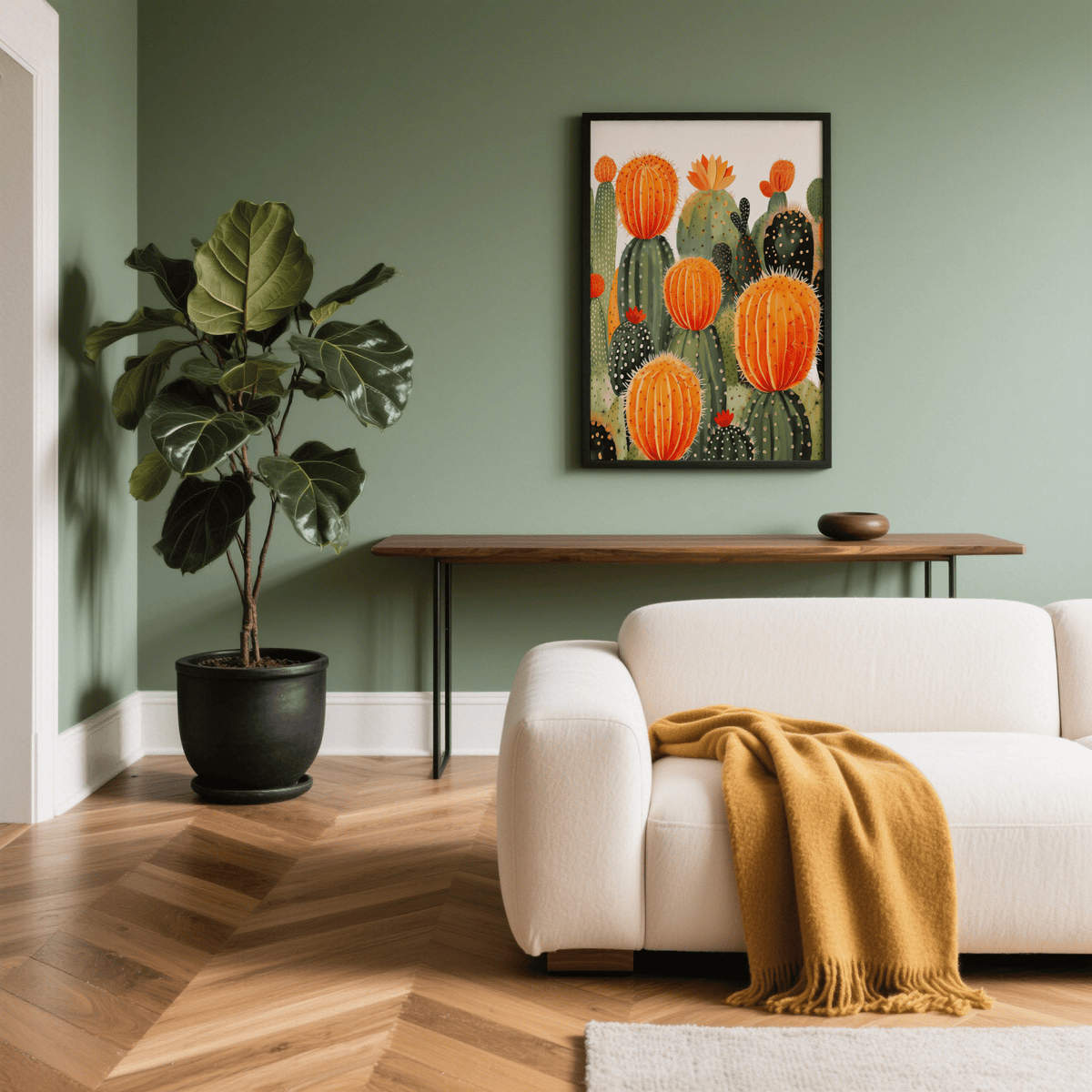 Large Cactus Wall Art poster in green and orange, great for dining room art print