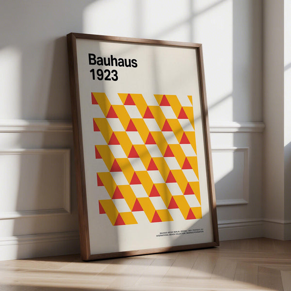 Art posters gallery print with yellow and red Bauhaus triangles on cream background.