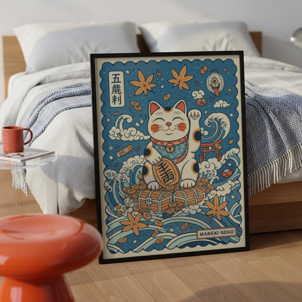 Close-up of patterned bib and bell collar on the cat illustration