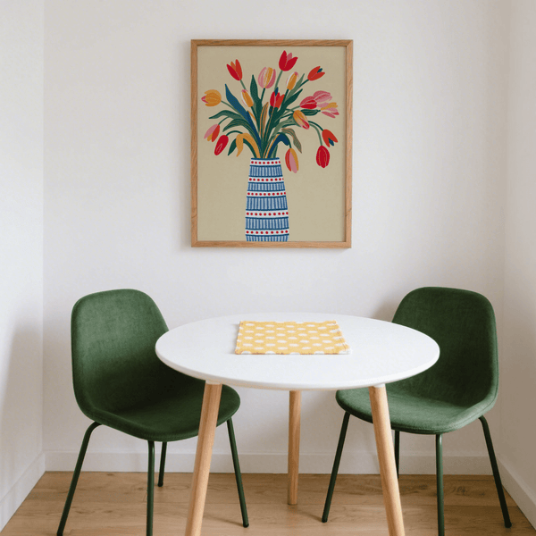 Floral Vase Art featuring Blue, Pink, Red, Beige, Green for dining room art print