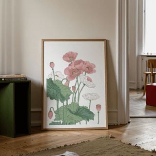 Botanical Flower Print with airy negative space and central poppy cluster