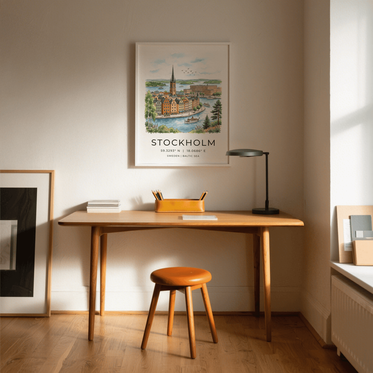 Detailed Stockholm City Art Print poster with quay of houses and tall cathedral spire
