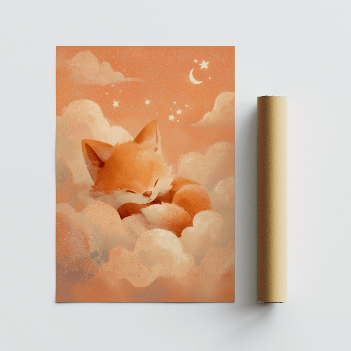 Sleeping Fox Art Print, Orange and Beige palette, suitable for hallway wall art