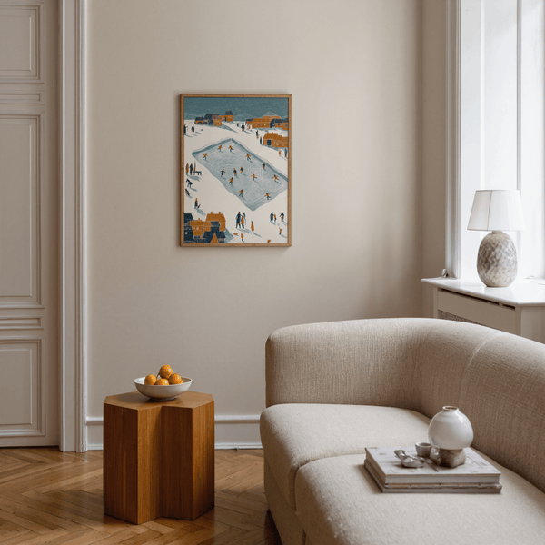 Ice Skating Poster featuring beige, white, and blue for hallway decor