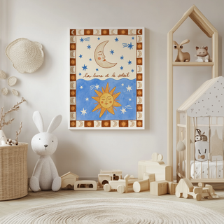 Moon and Sun Print displayed above a crib in a boho nursery setting