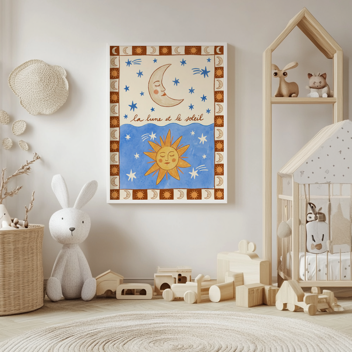 Moon and Sun Print displayed above a crib in a boho nursery setting