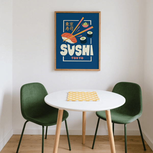 Vibrant Sushi Wall Art print featuring Blue tones for food lovers