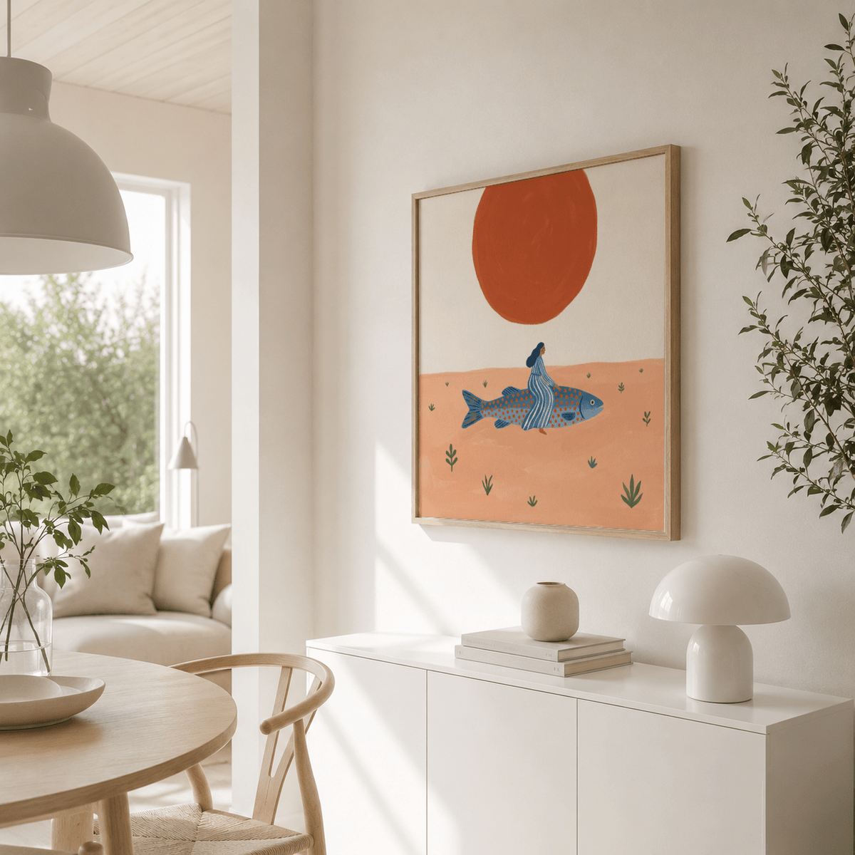 Surreal Fish Art Print with a large circular sun above a long blue fish and rider