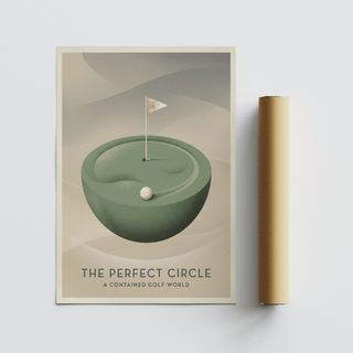 Poster design of a stylized putting surface with ball near the front edge