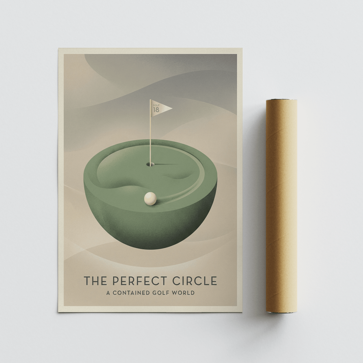 Poster design of a stylized putting surface with ball near the front edge