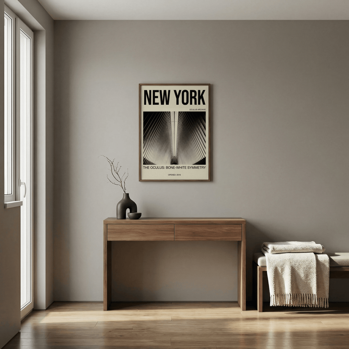 Bone White Architecture Print with NEW YORK text and ribbed architecture photo