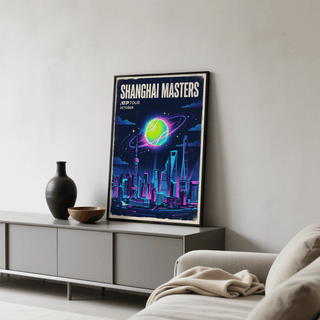 Stylized Shanghai skyline poster print with skyscrapers, clouds, and bright tennis ball