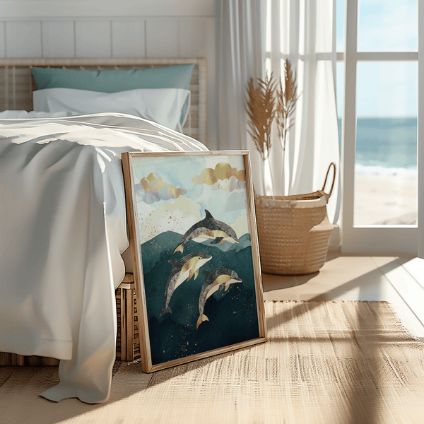 Dolphins Poster blue and gold theme for study room wall art