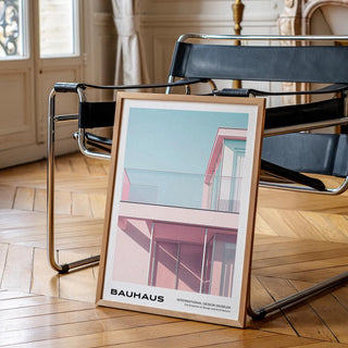 Pink and blue architectural poster in minimalist Bauhaus style.