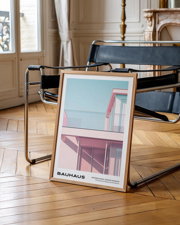 Pink and blue architectural poster in minimalist Bauhaus style.