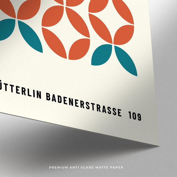 Rust and teal circle motif featured in this modern geometric wall art.