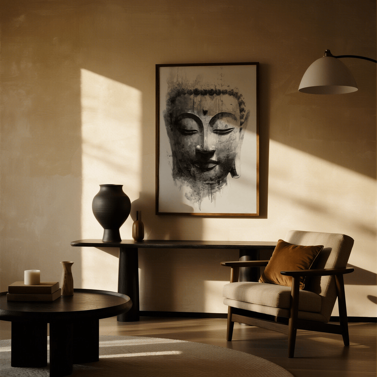 Zen Home Decor wall art Buddha face print in white, gray, black for hallway