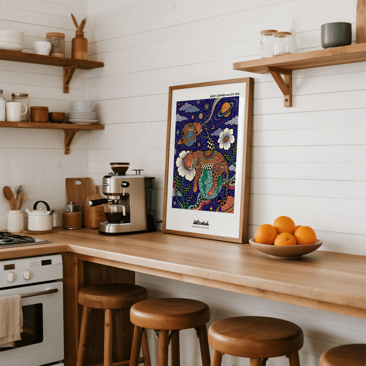 Patterned space illustration poster with leopards, crescent moon, and starburst shapes