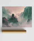 Elegant Misty Mountain Temple Art print in Beige, Green, Pink for minimalist interiors
