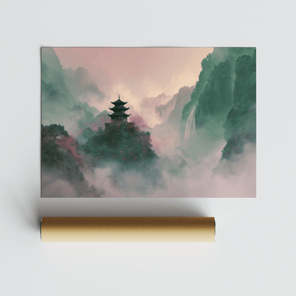 Elegant Misty Mountain Temple Art print in Beige, Green, Pink for minimalist interiors