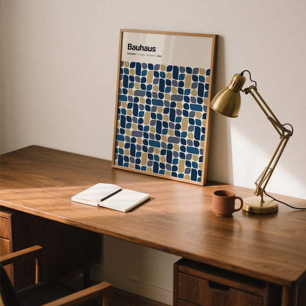 Navy and Gold Wall Art print styled in a modern home office with light neutral walls