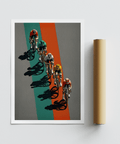 Diagonal line of cyclists on striped track poster with high-contrast shadows wall art