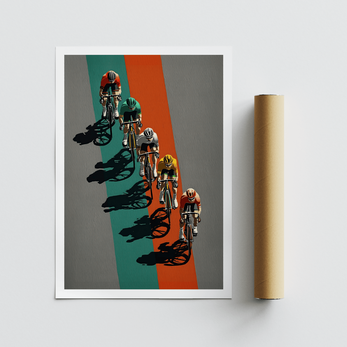 Diagonal line of cyclists on striped track poster with high-contrast shadows wall art