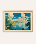 Panoramic coastal bay wall art poster with pine branches and large cloud formations