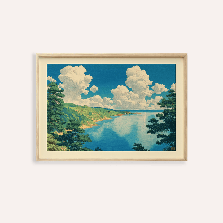 Panoramic coastal bay wall art poster with pine branches and large cloud formations