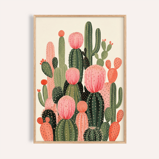 Cactus Print wall art in green and orange for living room decor