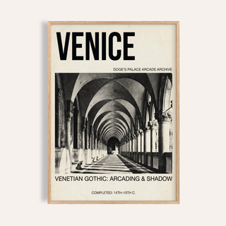 Vintage Venice arcade poster print with Gothic arches and headline text