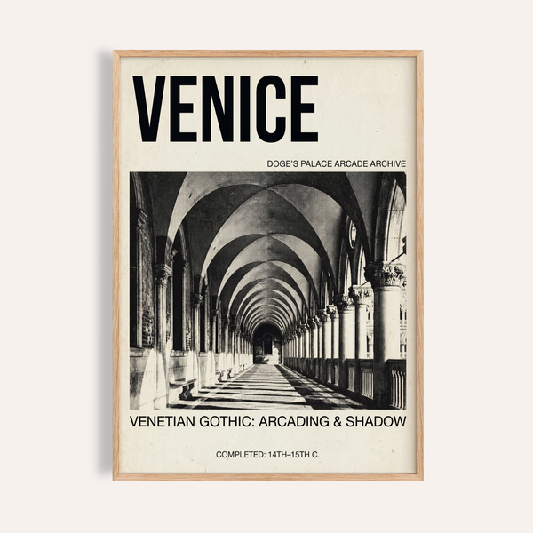 Vintage Venice arcade poster print with Gothic arches and headline text