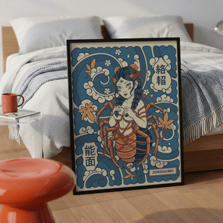 Showing Jorogumo Art Print wall art with multiple-eyed woman and spider legs