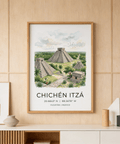 Watercolor travel poster print showing Chichen Itza pyramids with jungle landscape and birds