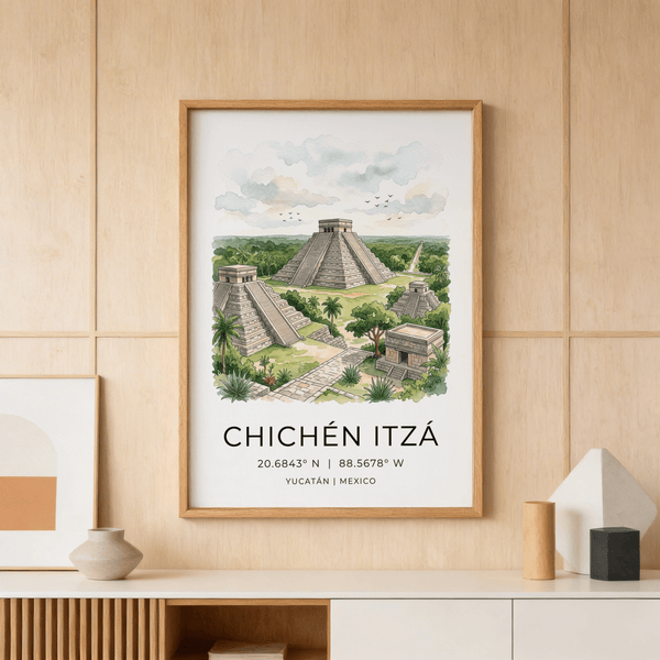 Watercolor travel poster print showing Chichen Itza pyramids with jungle landscape and birds