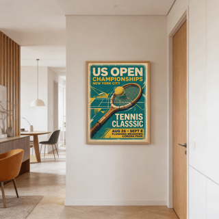 Graphic tennis wall piece with large racket head over layered court shapes