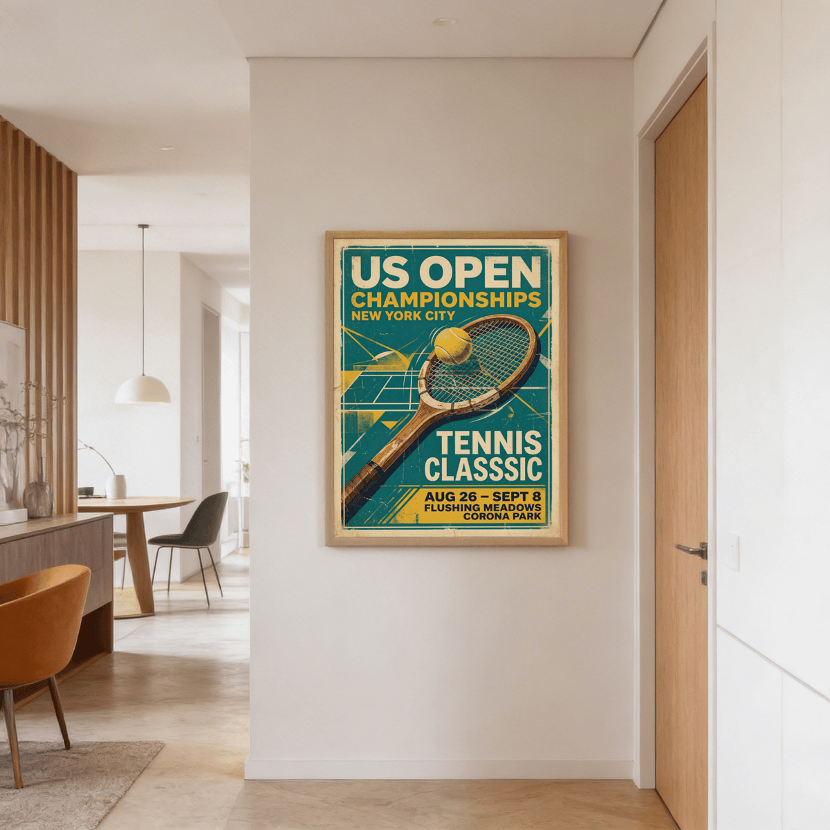 Graphic tennis wall piece with large racket head over layered court shapes