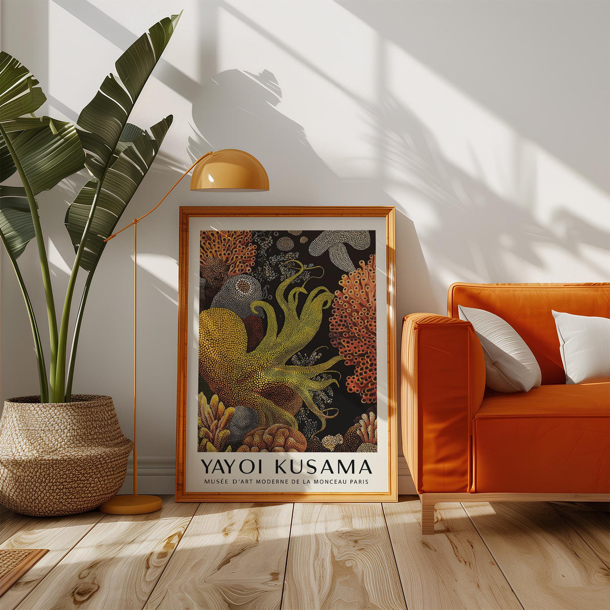 Octopus wall art surrounded by stylized coral and sea sponges.