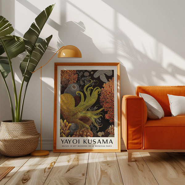 Octopus wall art surrounded by stylized coral and sea sponges.