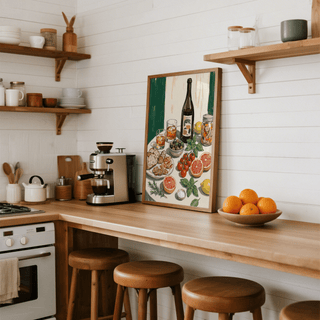 Food and Drink Art Print with vibrant greens and whites in dining room poster
