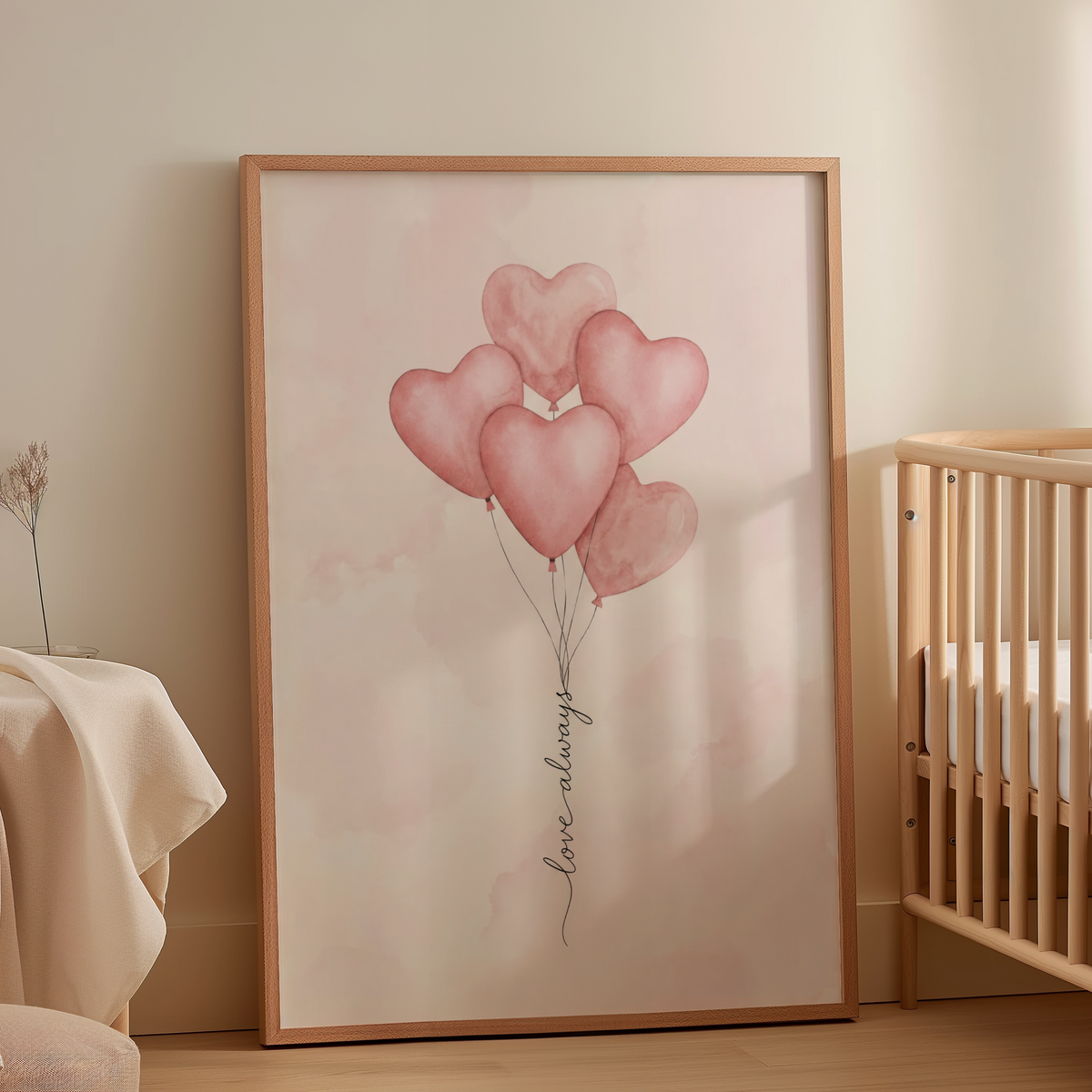 Love Heart Balloon Art Print in Pink Beige and Black with heart balloon cluster