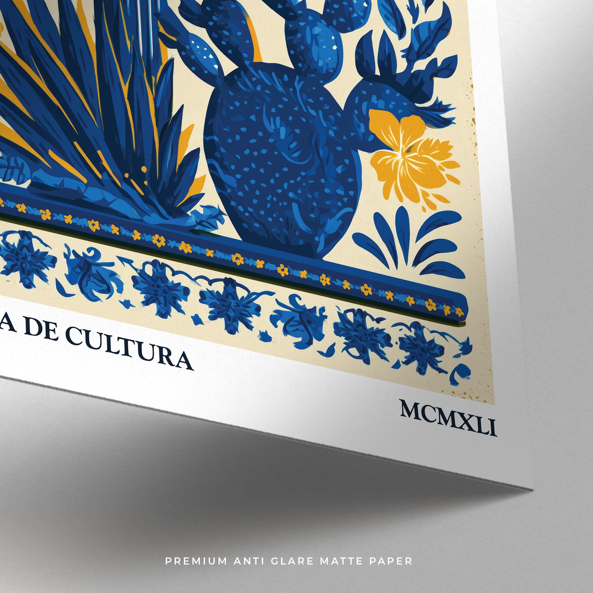 Mexican Folk Art Print | Blue & Gold Desert Botanical Scene